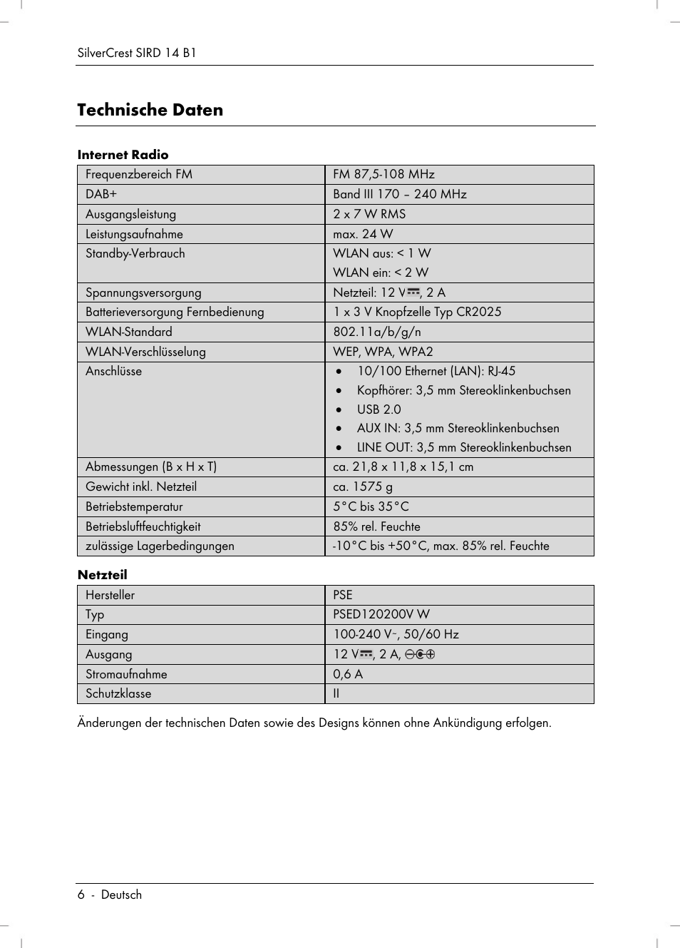 Technische daten | Silvercrest SIRD 14 B1 User Manual | Page 8 / 194