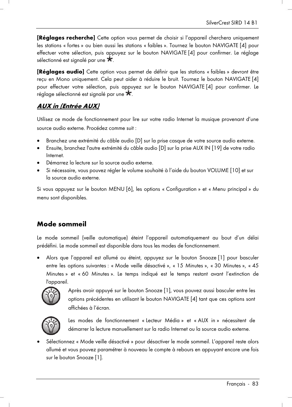 Aux in (entrée aux), Mode sommeil | Silvercrest SIRD 14 B1 User Manual | Page 85 / 194