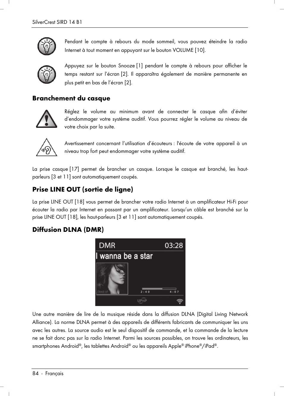 Branchement du casque, Prise line out (sortie de ligne), Diffusion dlna (dmr) | Silvercrest SIRD 14 B1 User Manual | Page 86 / 194