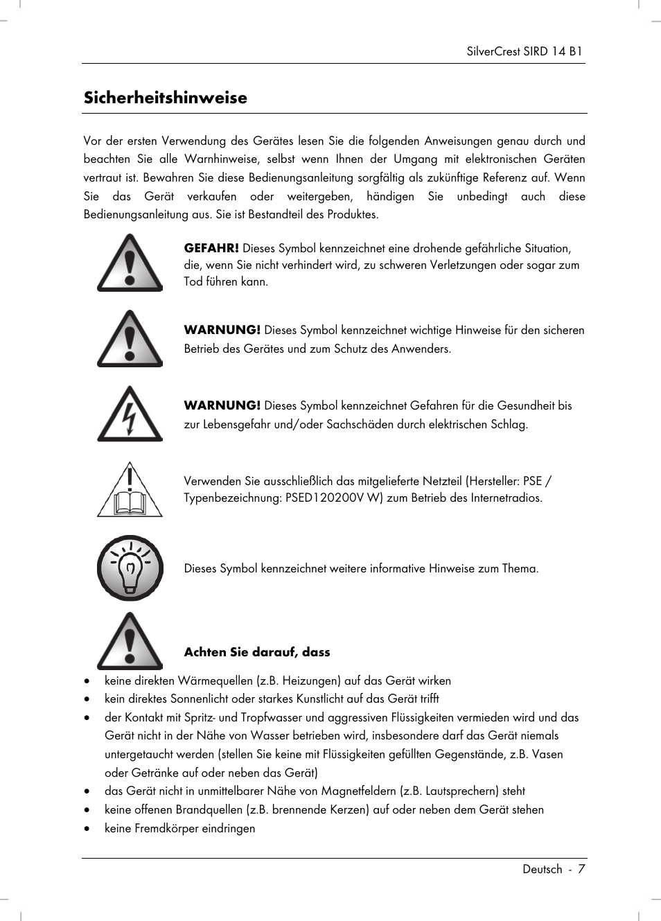 Sicherheitshinweise | Silvercrest SIRD 14 B1 User Manual | Page 9 / 194