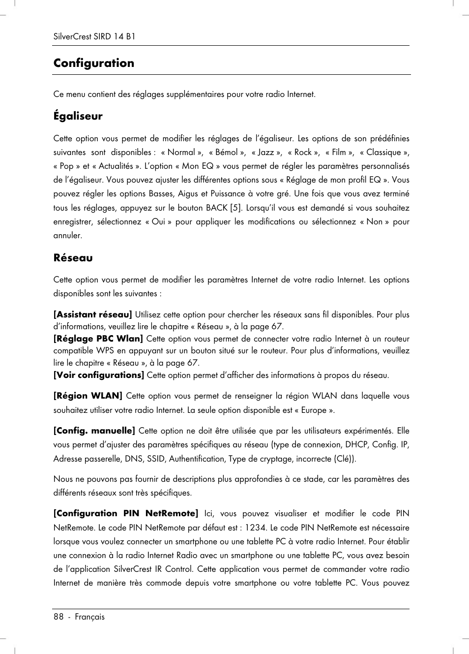 Configuration, Égaliseur, Réseau | Silvercrest SIRD 14 B1 User Manual | Page 90 / 194