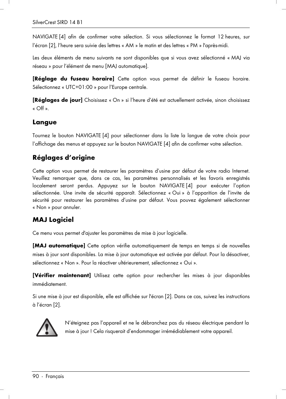 Langue, Réglages d’origine, Maj logiciel | Silvercrest SIRD 14 B1 User Manual | Page 92 / 194