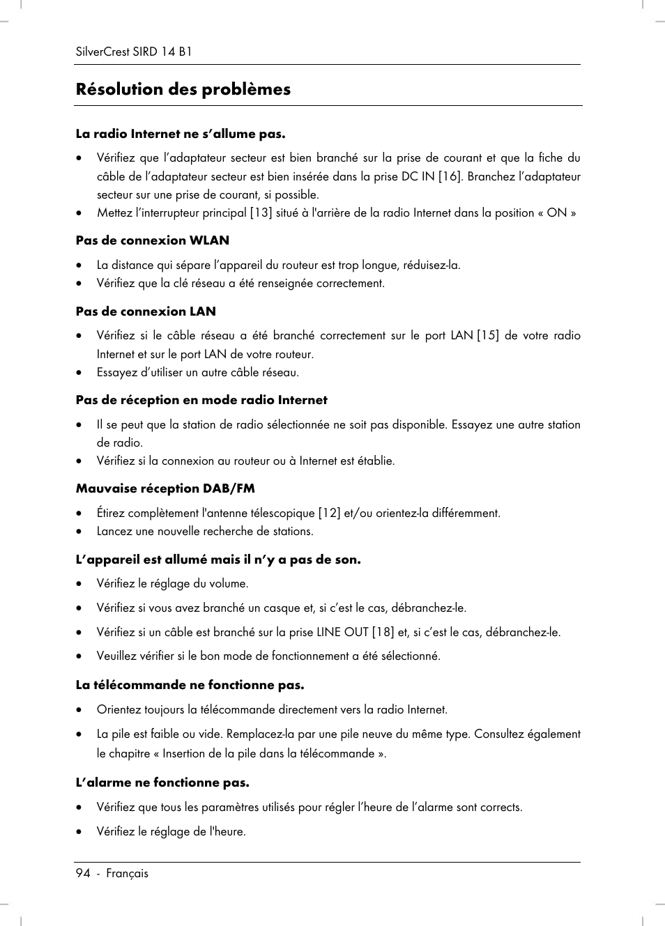 Résolution des problèmes | Silvercrest SIRD 14 B1 User Manual | Page 96 / 194
