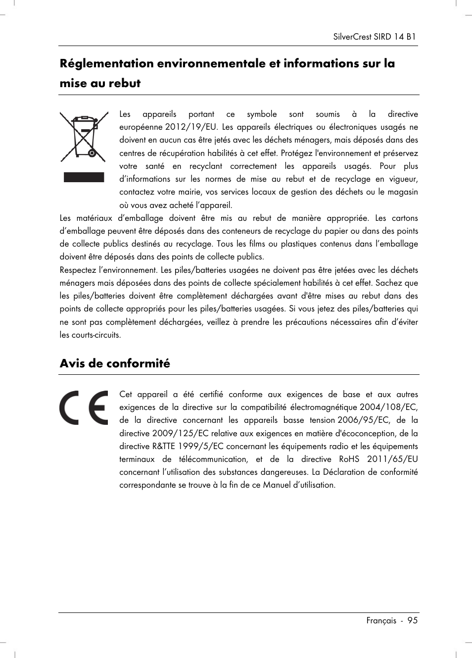 Avis de conformité | Silvercrest SIRD 14 B1 User Manual | Page 97 / 194