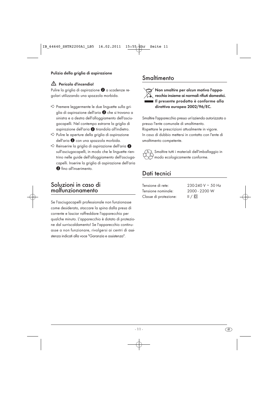 Soluzioni in caso di malfunzionamento, Smaltimento, Dati tecnici | Silvercrest SHTR 2200 A1 User Manual | Page 13 / 32