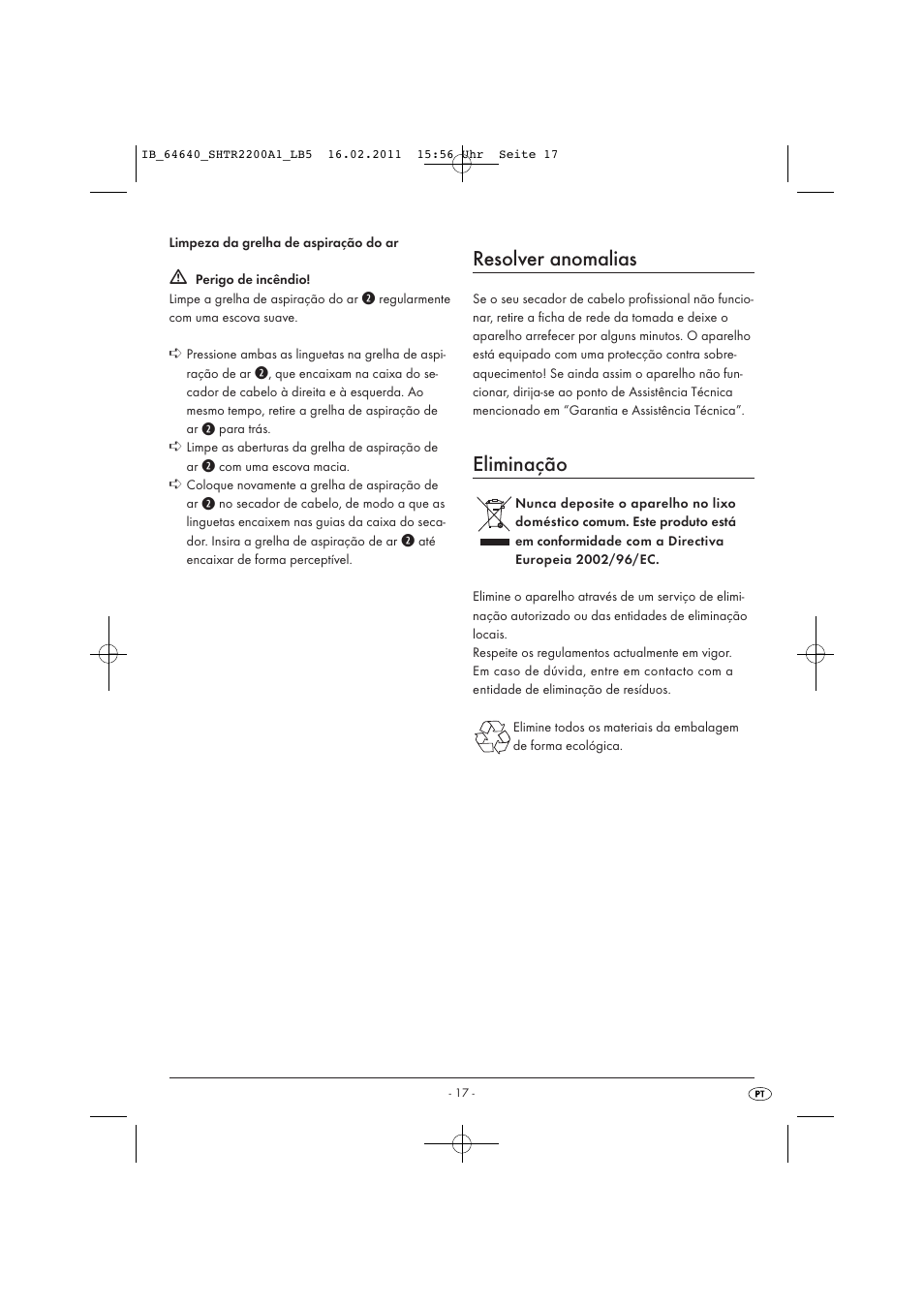 Resolver anomalias, Eliminação | Silvercrest SHTR 2200 A1 User Manual | Page 19 / 32