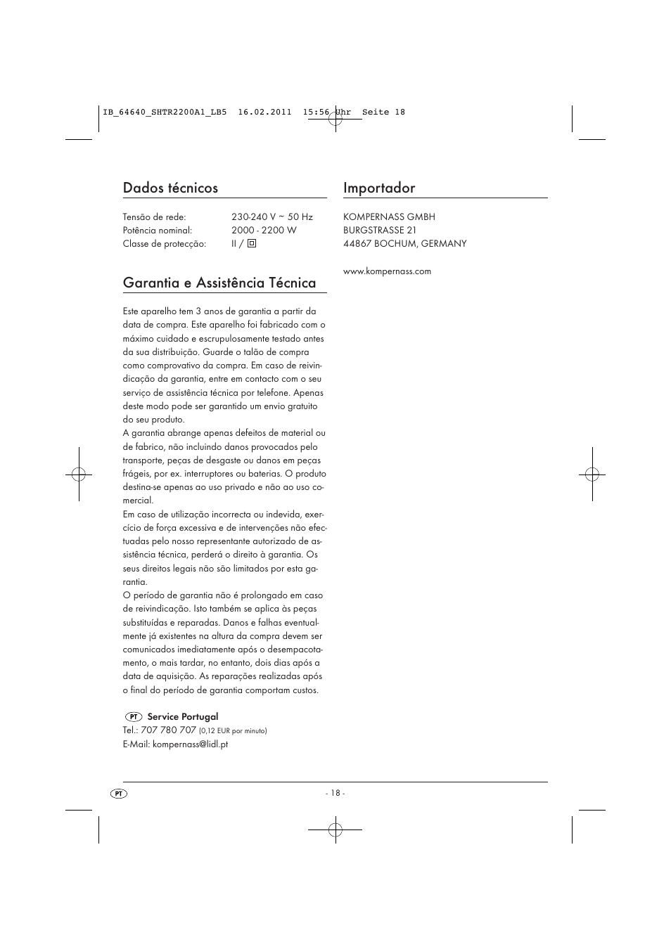 Dados técnicos, Garantia e assistência técnica, Importador | Silvercrest SHTR 2200 A1 User Manual | Page 20 / 32