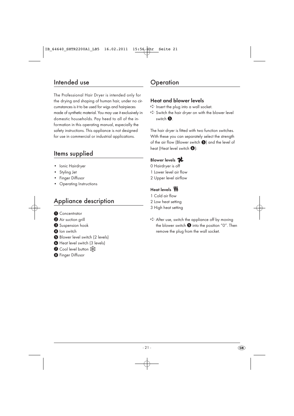 Intended use, Items supplied, Appliance description | Operation | Silvercrest SHTR 2200 A1 User Manual | Page 23 / 32
