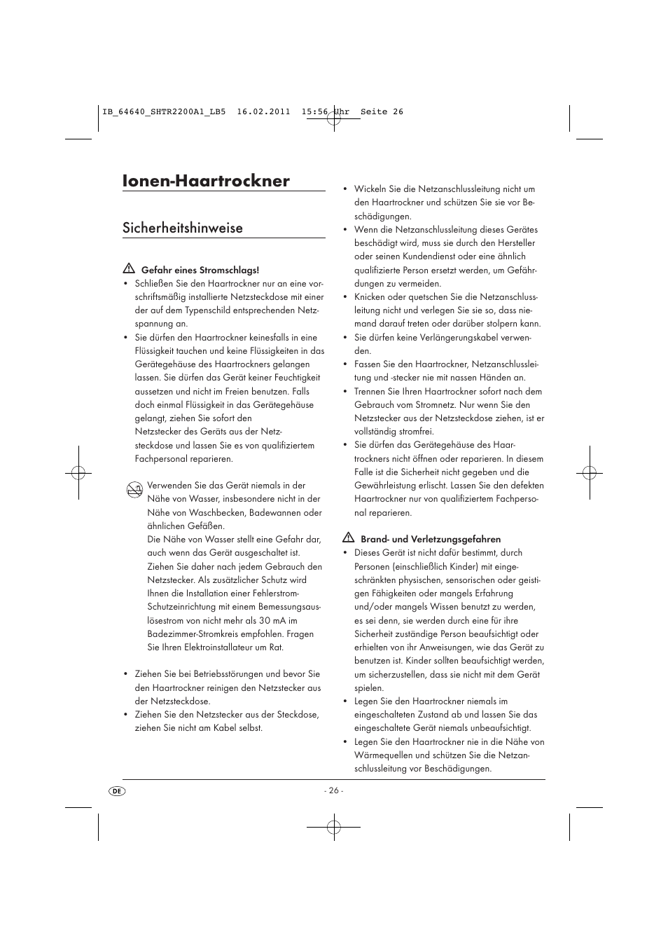 Ionen-haartrockner, Sicherheitshinweise | Silvercrest SHTR 2200 A1 User Manual | Page 28 / 32