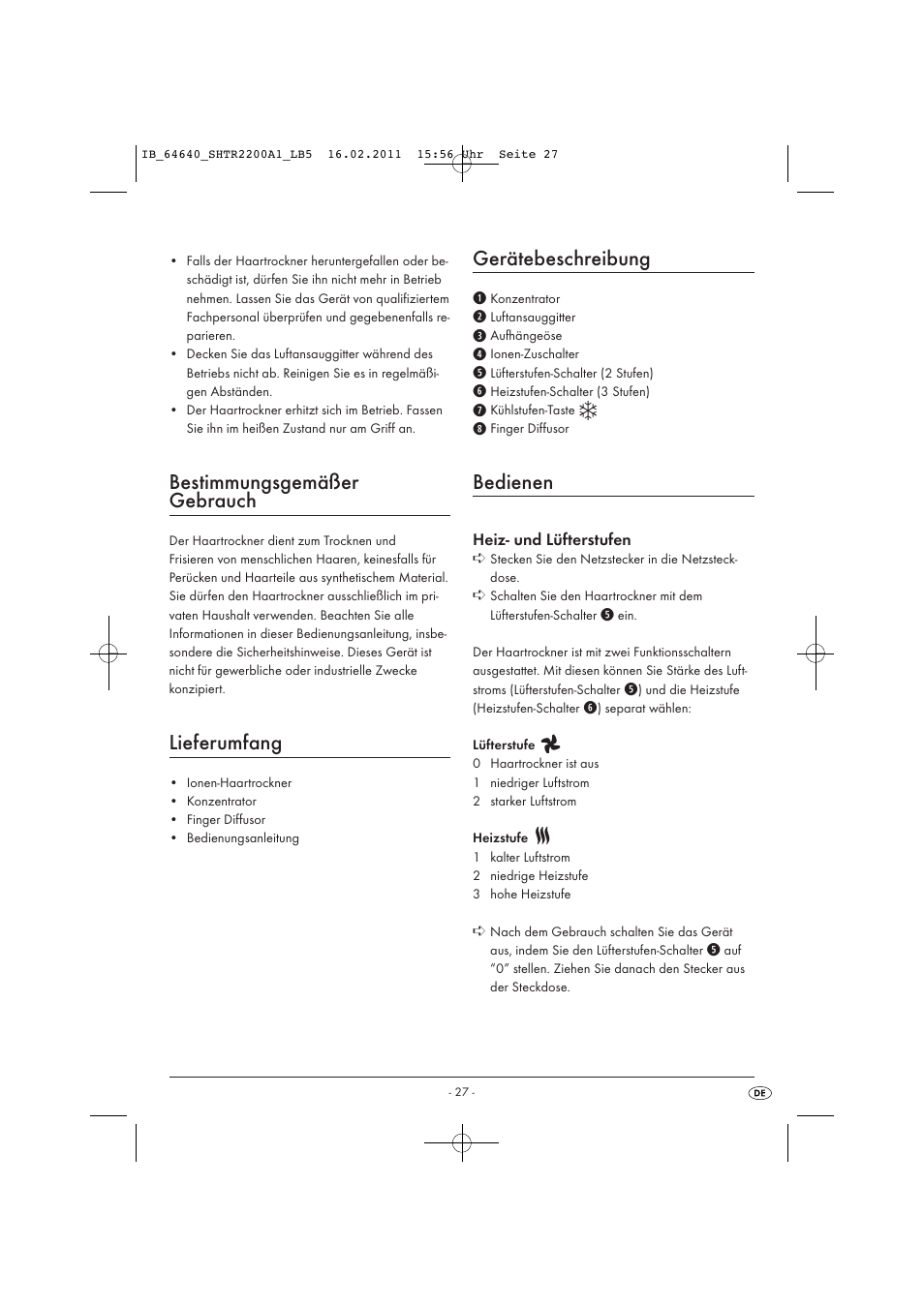 Bestimmungsgemäßer gebrauch, Lieferumfang, Gerätebeschreibung | Bedienen | Silvercrest SHTR 2200 A1 User Manual | Page 29 / 32