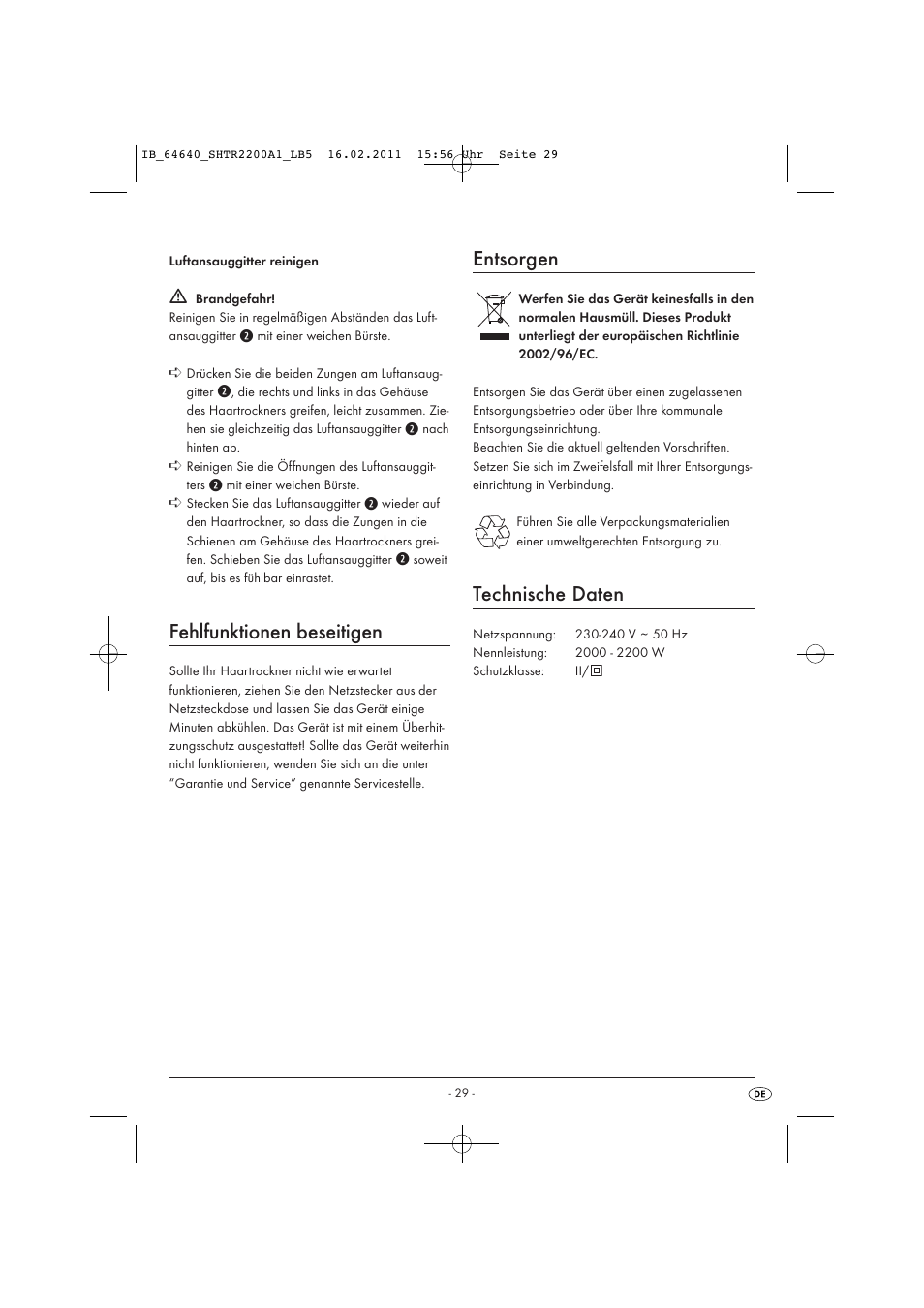 Fehlfunktionen beseitigen, Entsorgen, Technische daten | Silvercrest SHTR 2200 A1 User Manual | Page 31 / 32