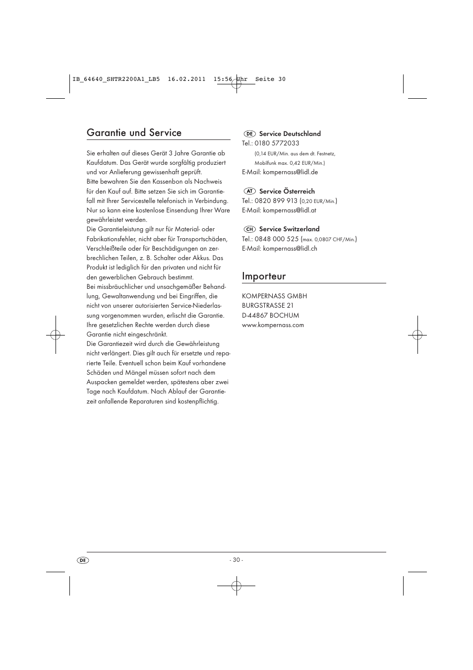 Garantie und service, Importeur | Silvercrest SHTR 2200 A1 User Manual | Page 32 / 32