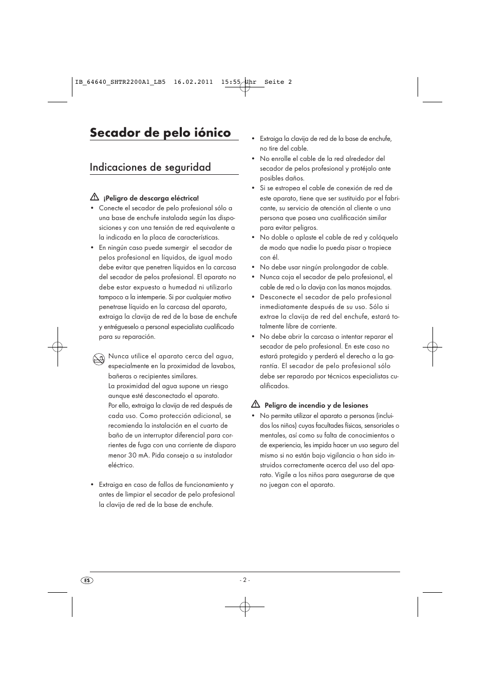 Secador de pelo iónico, Indicaciones de seguridad | Silvercrest SHTR 2200 A1 User Manual | Page 4 / 32