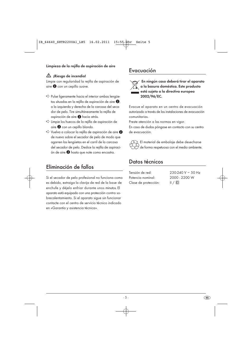 Eliminación de fallos, Evacuación, Datos técnicos | Silvercrest SHTR 2200 A1 User Manual | Page 7 / 32
