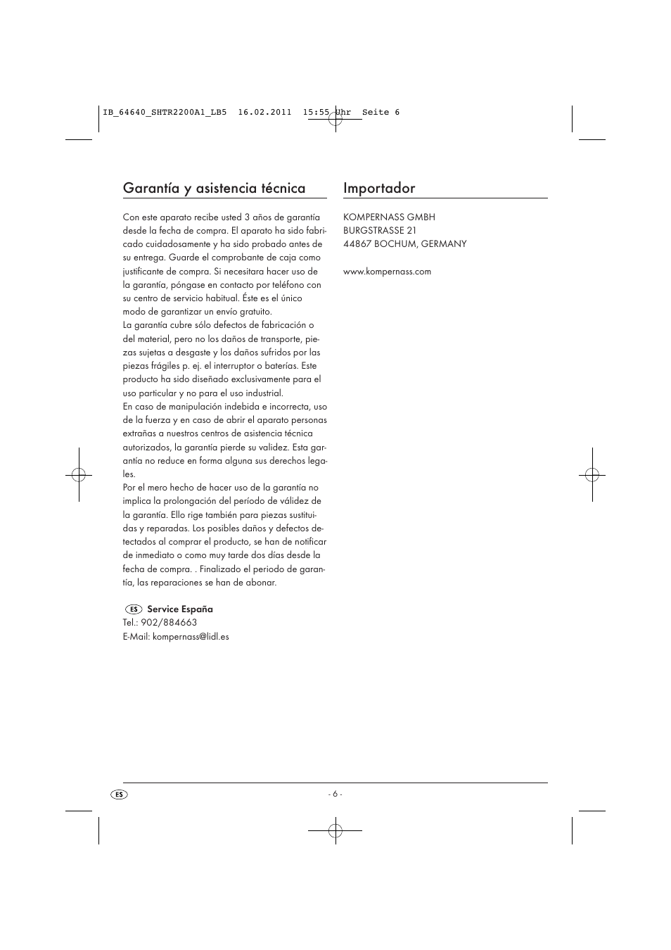Garantía y asistencia técnica, Importador | Silvercrest SHTR 2200 A1 User Manual | Page 8 / 32