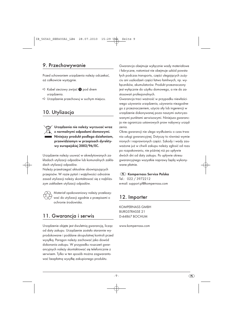 Przechowywanie, Utylizacja, Gwarancja i serwis | Importer | Silvercrest SEK 400 A1 User Manual | Page 11 / 31