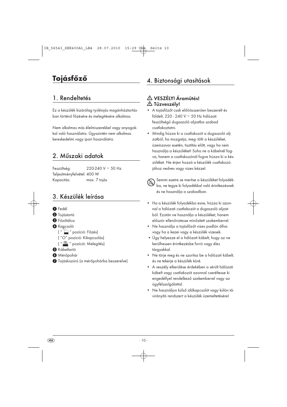 Tojásfőző, Rendeltetés, Műszaki adatok | Készülék leírása, Biztonsági utasítások | Silvercrest SEK 400 A1 User Manual | Page 12 / 31