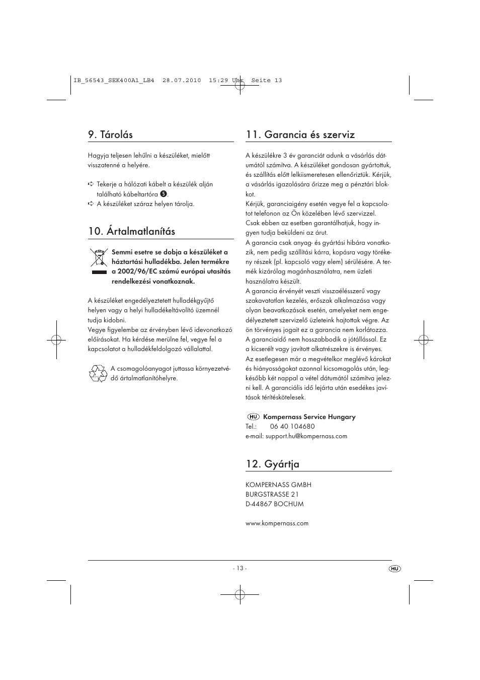 Tárolás, Ártalmatlanítás, Garancia és szerviz | Gyártja | Silvercrest SEK 400 A1 User Manual | Page 15 / 31