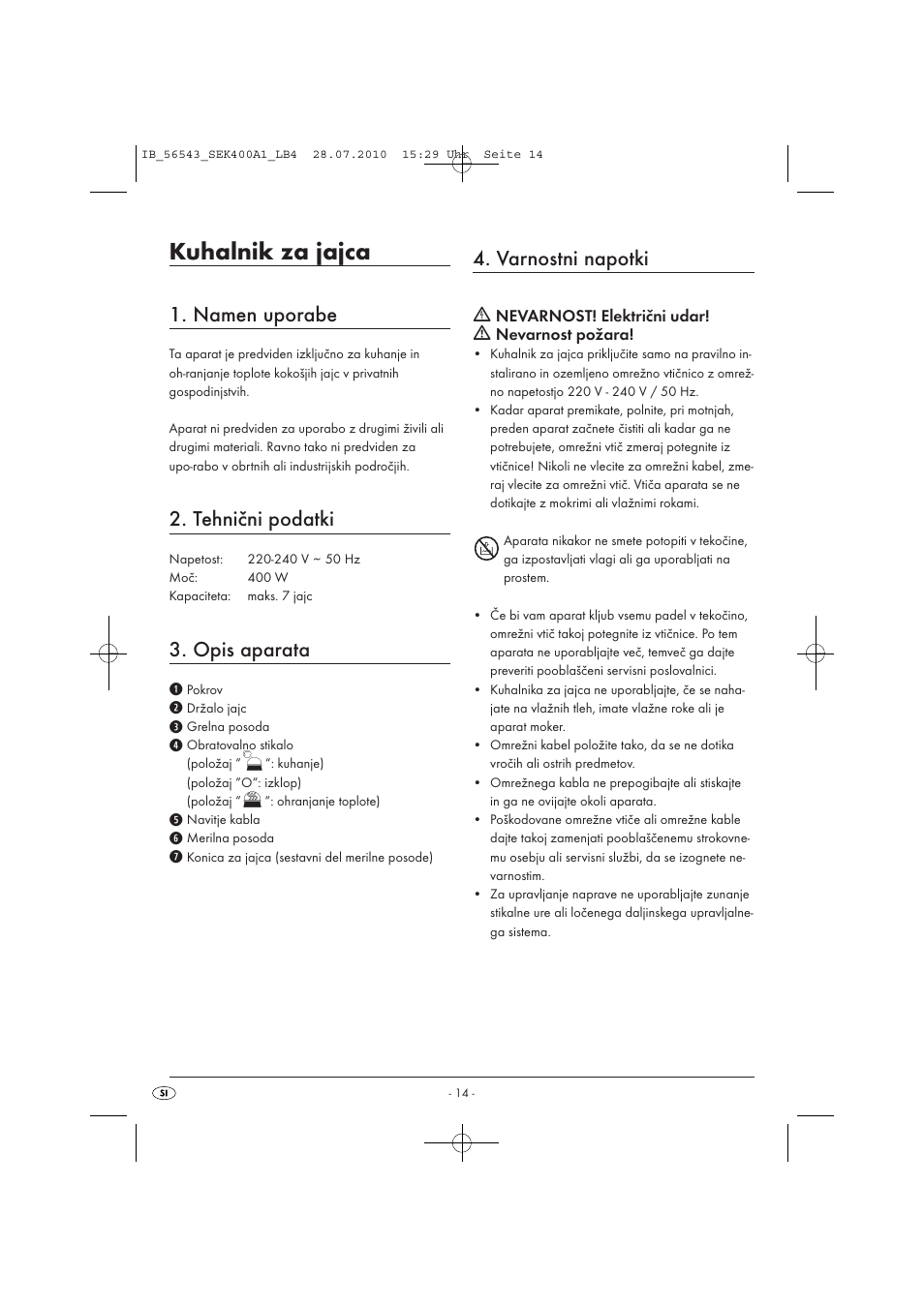 Kuhalnik za jajca, Namen uporabe, Tehnični podatki | Opis aparata, Varnostni napotki | Silvercrest SEK 400 A1 User Manual | Page 16 / 31