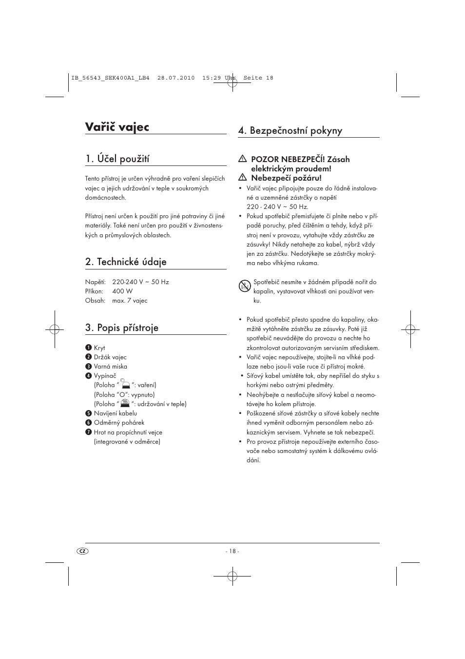 Vařič vajec, Účel použití, Technické údaje | Popis přístroje, Bezpečnostní pokyny | Silvercrest SEK 400 A1 User Manual | Page 20 / 31