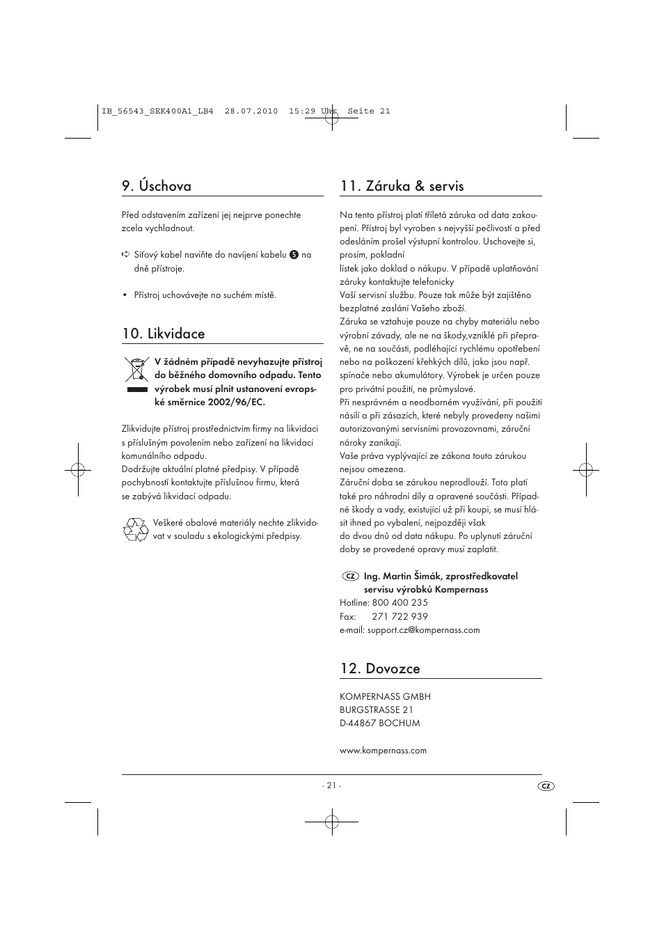 Úschova, Likvidace, Záruka & servis | Dovozce | Silvercrest SEK 400 A1 User Manual | Page 23 / 31