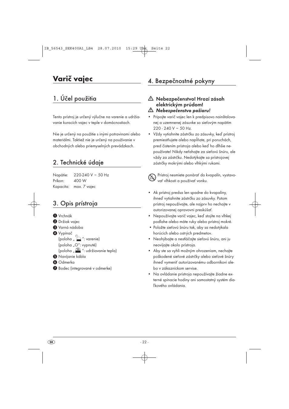 Varič vajec, Účel použitia, Technické údaje | Opis prístroja, Bezpečnostné pokyny | Silvercrest SEK 400 A1 User Manual | Page 24 / 31