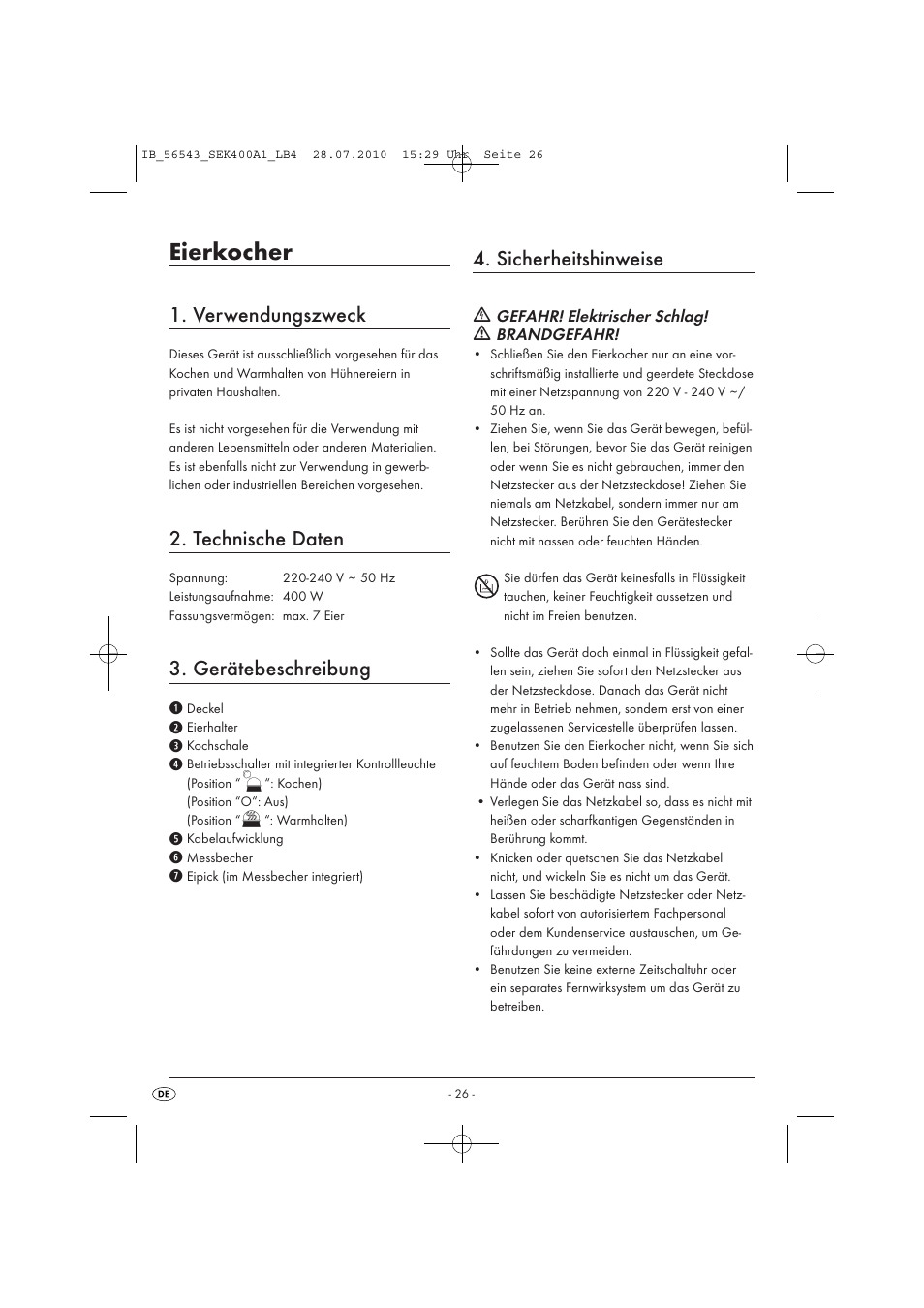 Eierkocher, Verwendungszweck, Technische daten | Gerätebeschreibung, Sicherheitshinweise | Silvercrest SEK 400 A1 User Manual | Page 28 / 31