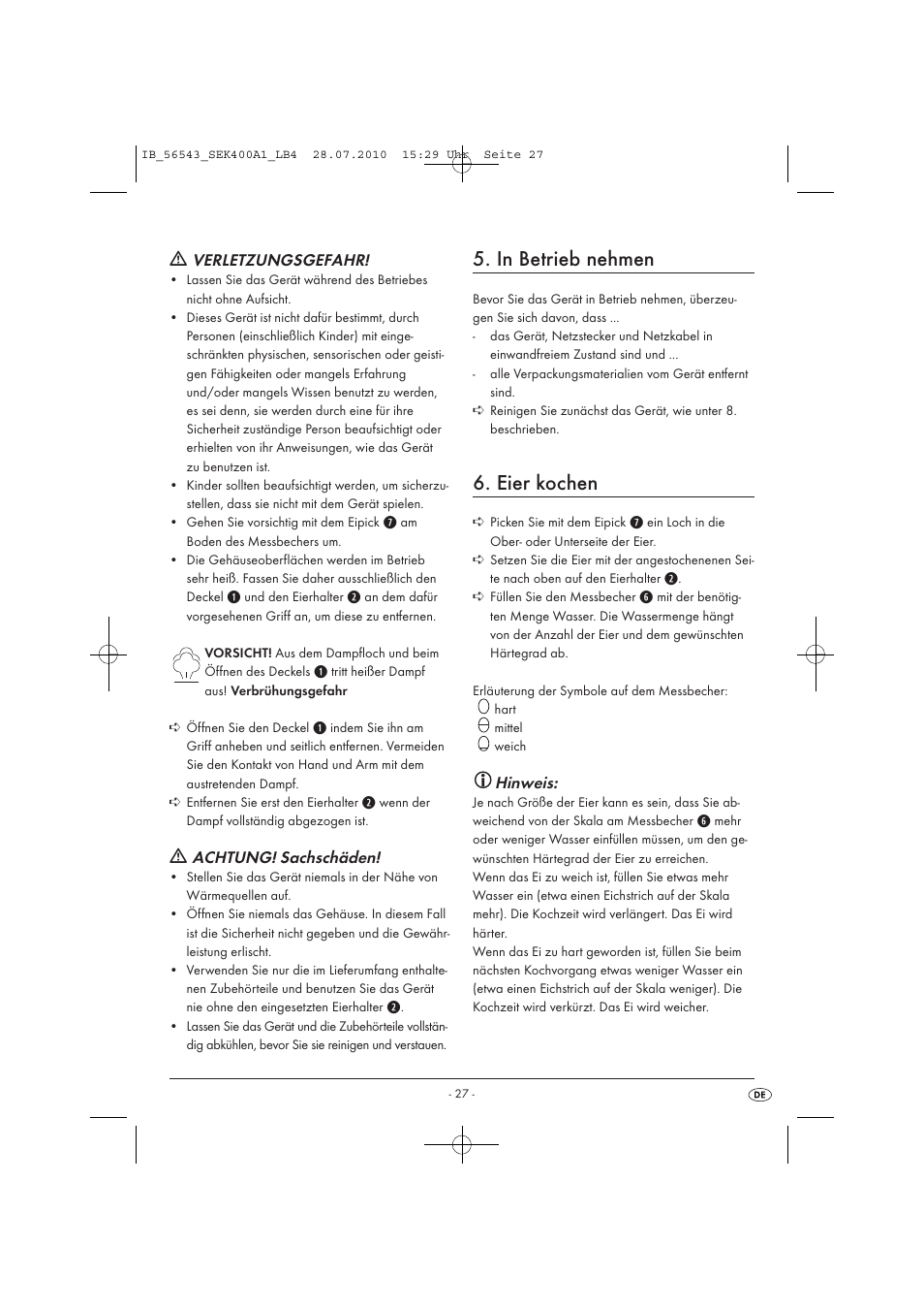 Eier kochen, Verletzungsgefahr, Achtung! sachschäden | Hinweis | Silvercrest SEK 400 A1 User Manual | Page 29 / 31