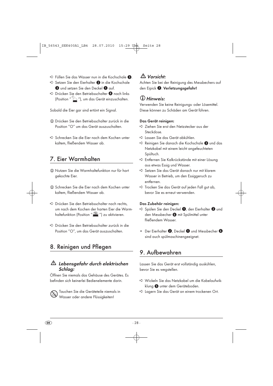 Eier warmhalten, Reinigen und pflegen, Aufbewahren | Lebensgefahr durch elektrischen schlag, Vorsicht, Hinweis | Silvercrest SEK 400 A1 User Manual | Page 30 / 31