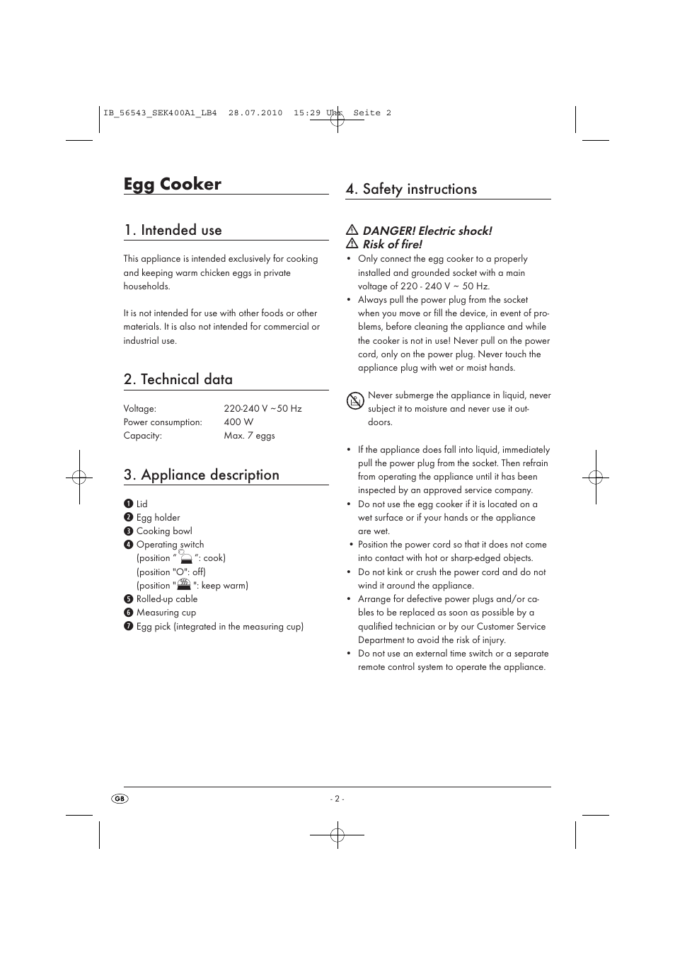 Egg cooker, Intended use, Technical data | Appliance description, Safety instructions | Silvercrest SEK 400 A1 User Manual | Page 4 / 31