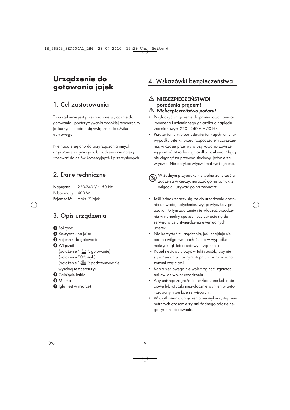 Urządzenie do gotowania jajek, Cel zastosowania, Dane techniczne | Opis urządzenia, Wskazówki bezpieczeństwa | Silvercrest SEK 400 A1 User Manual | Page 8 / 31