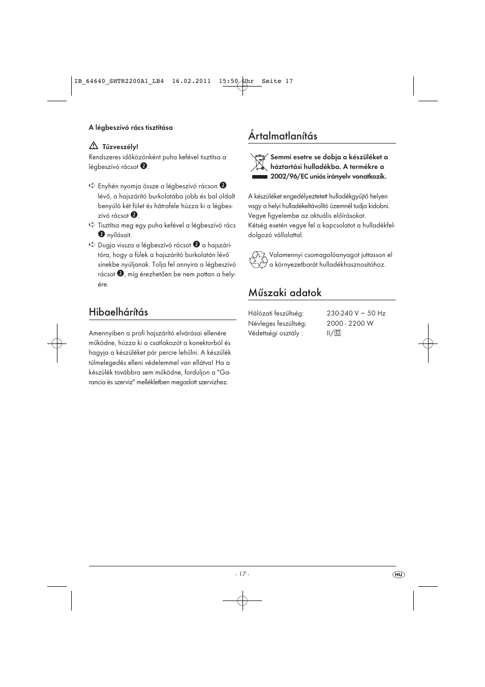 Hibaelhárítás, Ártalmatlanítás, Műszaki adatok | Silvercrest SHTR 2200 A1 User Manual | Page 19 / 38