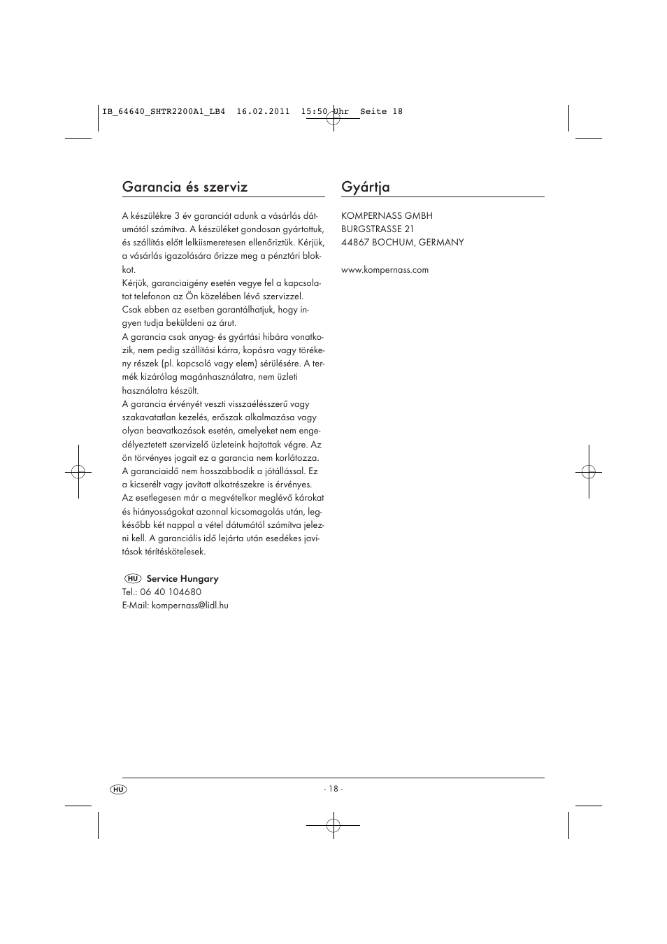 Garancia és szerviz, Gyártja | Silvercrest SHTR 2200 A1 User Manual | Page 20 / 38
