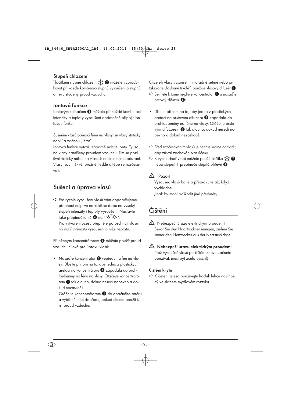 Sušení a úprava vlasů, Čištění | Silvercrest SHTR 2200 A1 User Manual | Page 30 / 38