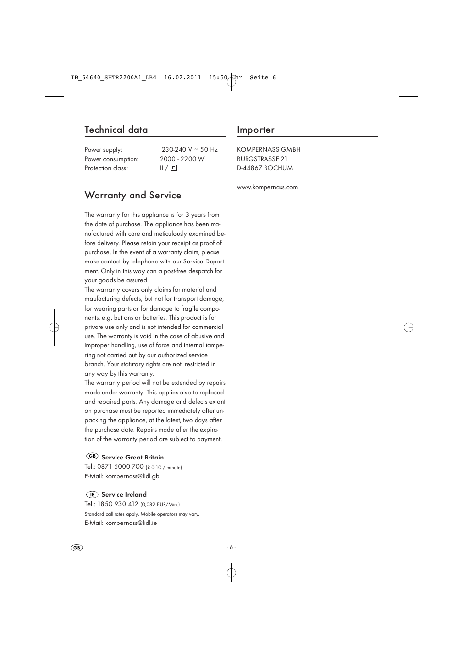 Technical data, Warranty and service, Importer | Silvercrest SHTR 2200 A1 User Manual | Page 8 / 38