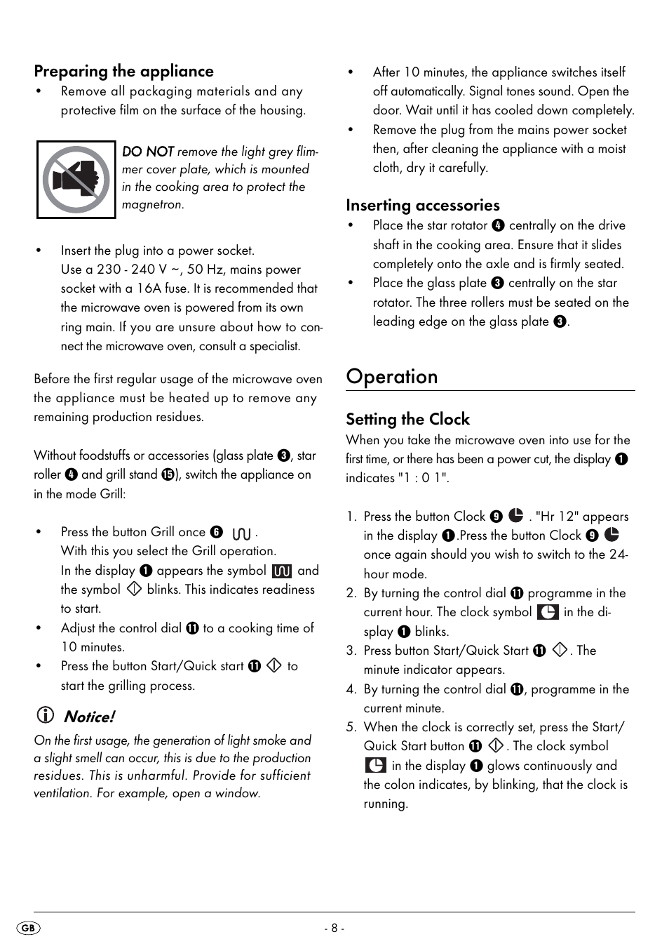 Operation, Preparing the appliance, Notice | Inserting accessories, Setting the clock | Silvercrest SMW 800 A2 User Manual | Page 10 / 70