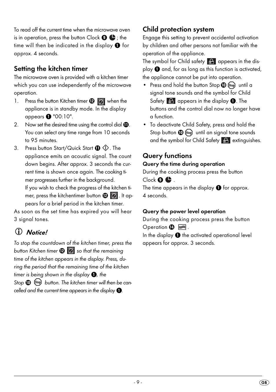 Setting the kitchen timer, Notice, Child protection system | Query functions | Silvercrest SMW 800 A2 User Manual | Page 11 / 70