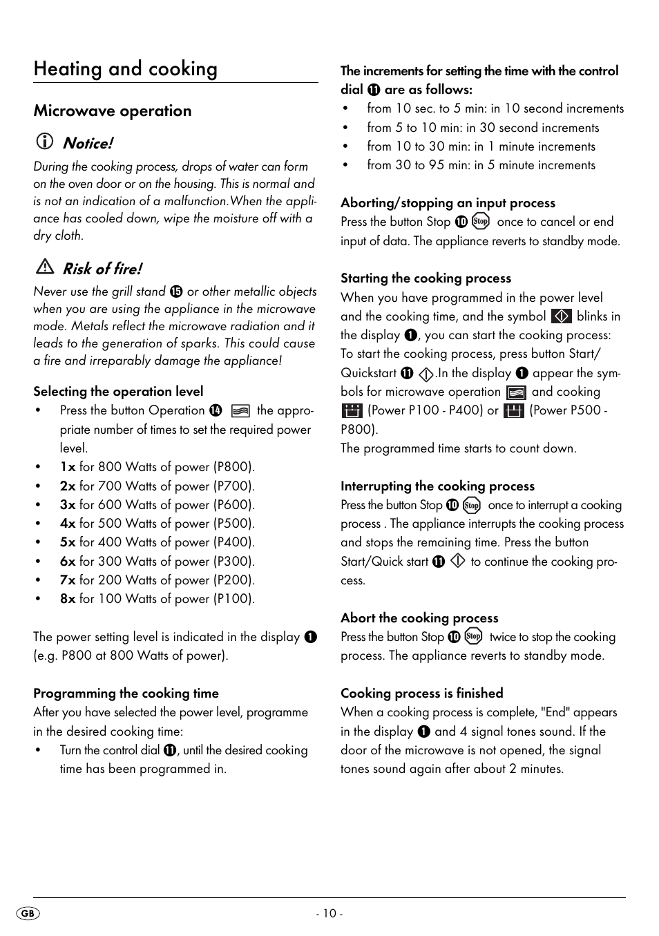 Heating and cooking, Microwave operation notice, Risk of fire | Silvercrest SMW 800 A2 User Manual | Page 12 / 70