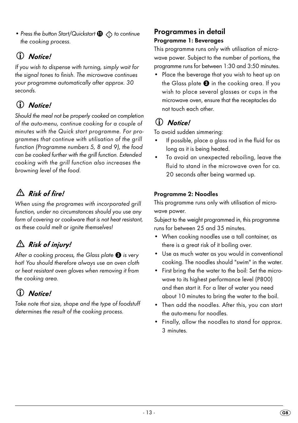Notice, Risk of fire, Risk of injury | Programmes in detail | Silvercrest SMW 800 A2 User Manual | Page 15 / 70