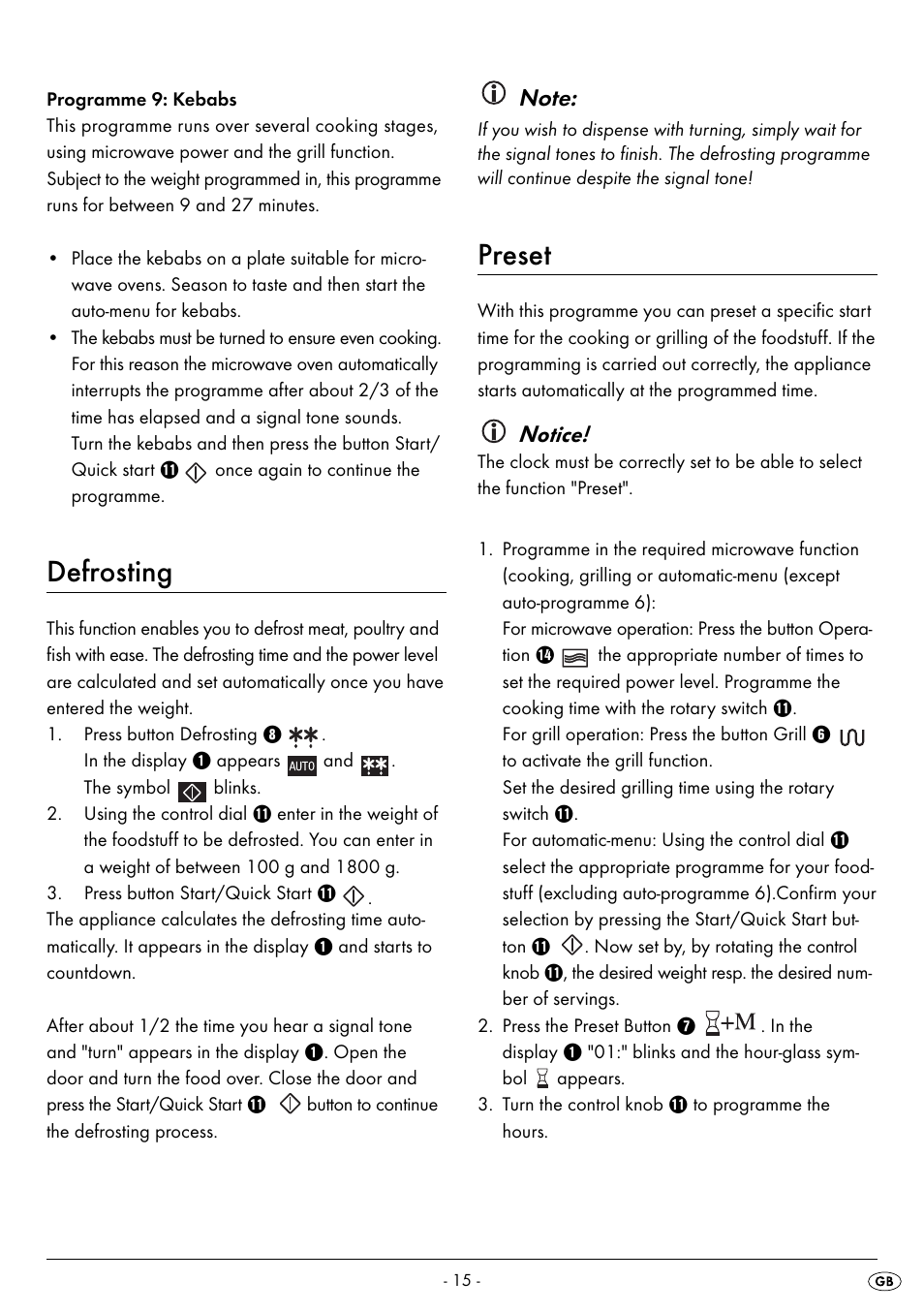 Defrosting, Preset, Notice | Silvercrest SMW 800 A2 User Manual | Page 17 / 70