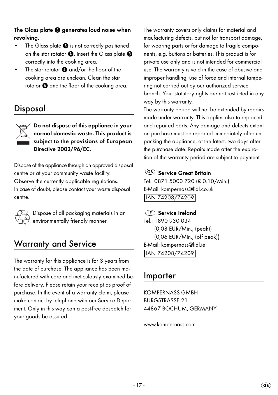 Disposal, Warranty and service, Importer | Silvercrest SMW 800 A2 User Manual | Page 19 / 70