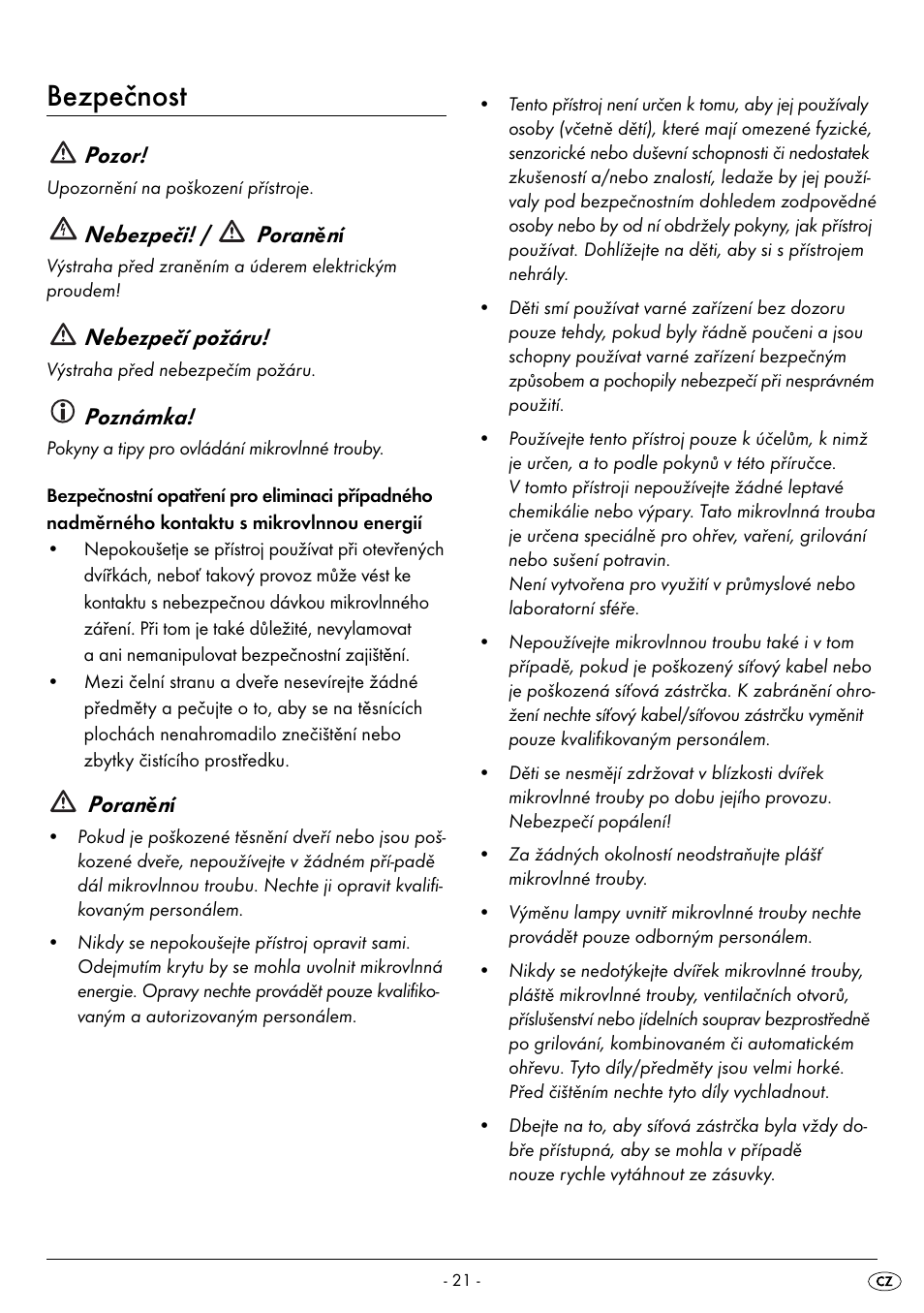 Bezpečnost, Pozor, Nebezpeči! / poranění | Nebezpečí požáru, Poznámka, Poranění | Silvercrest SMW 800 A2 User Manual | Page 23 / 70