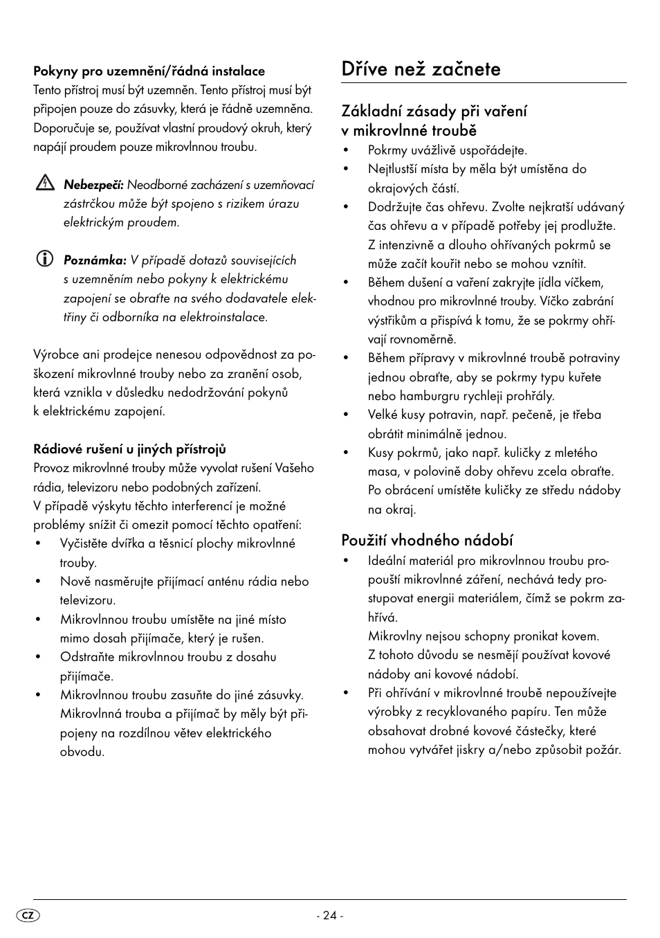 Dříve než začnete, Základní zásady při vaření v mikrovlnné troubě, Použití vhodného nádobí | Silvercrest SMW 800 A2 User Manual | Page 26 / 70