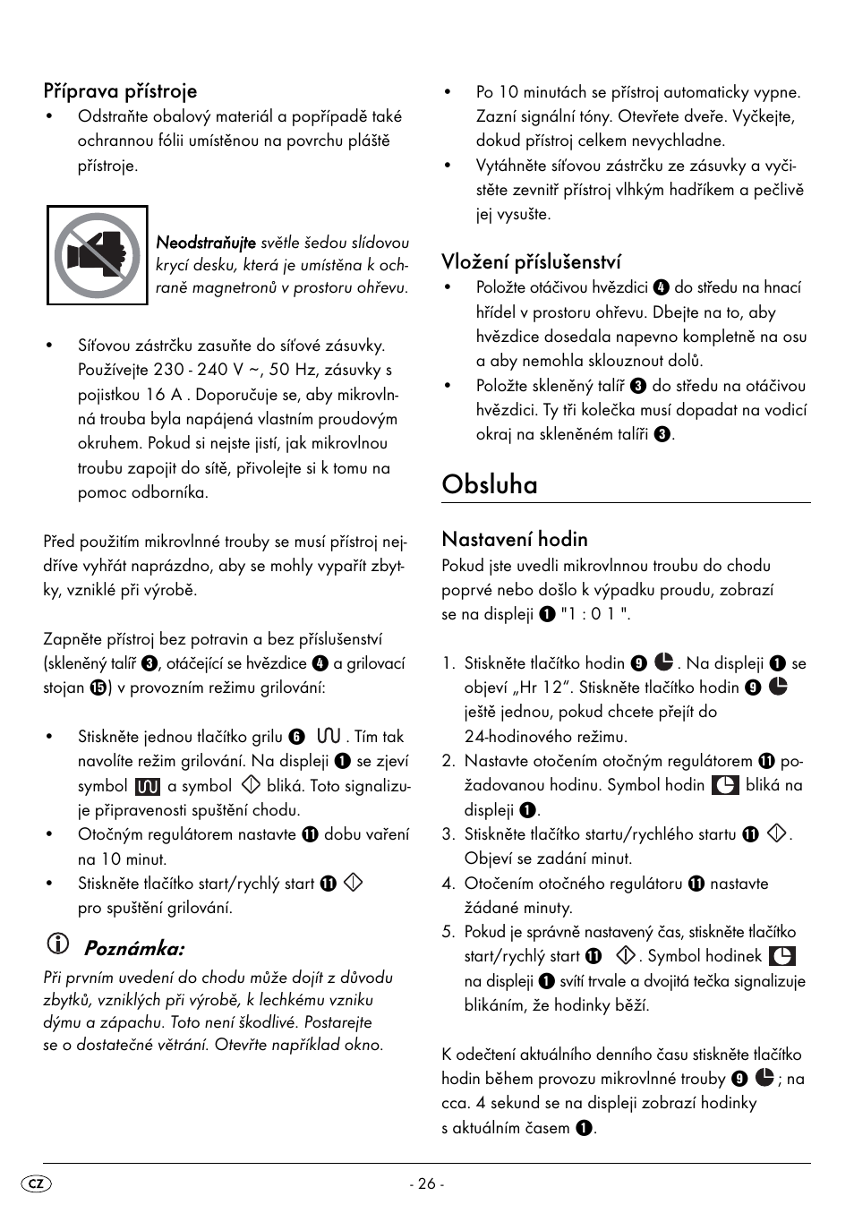 Obsluha, Příprava přístroje, Poznámka | Vložení příslušenství, Nastavení hodin | Silvercrest SMW 800 A2 User Manual | Page 28 / 70