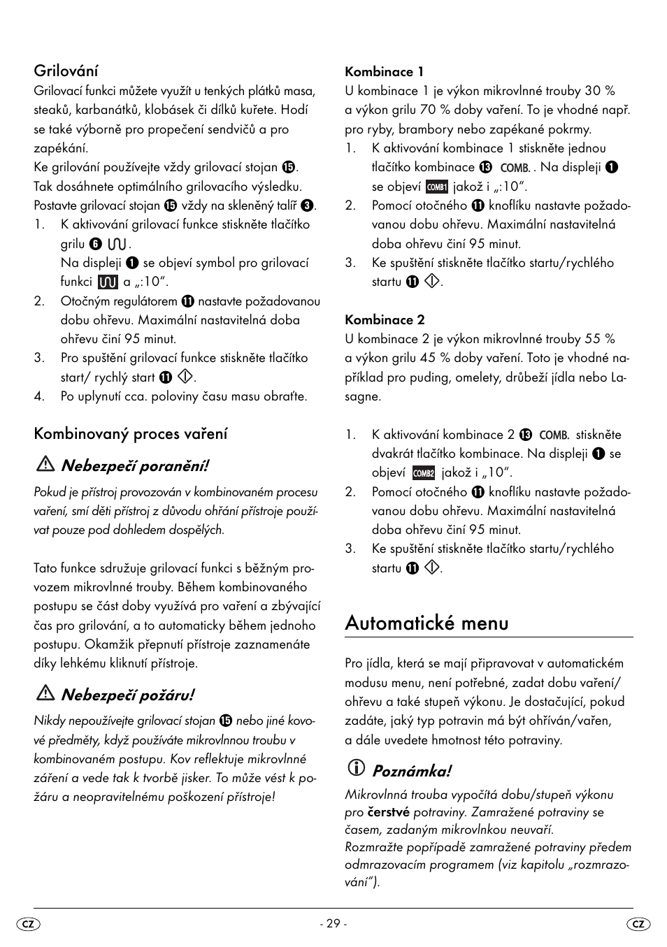 Automatické menu, Grilování, Kombinovaný proces vaření nebezpečí poranění | Nebezpečí požáru, Poznámka | Silvercrest SMW 800 A2 User Manual | Page 31 / 70