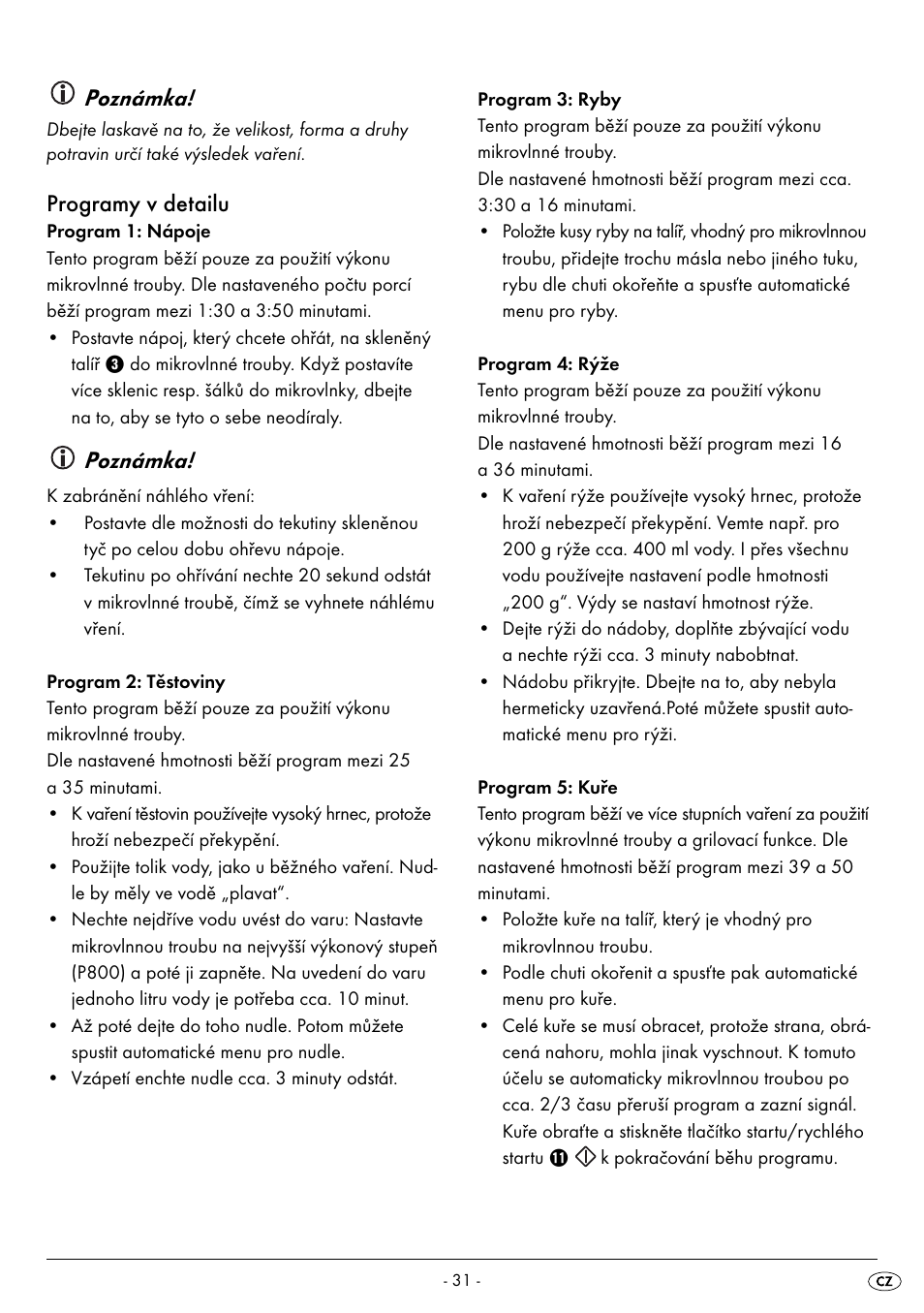 Poznámka, Programy v detailu | Silvercrest SMW 800 A2 User Manual | Page 33 / 70