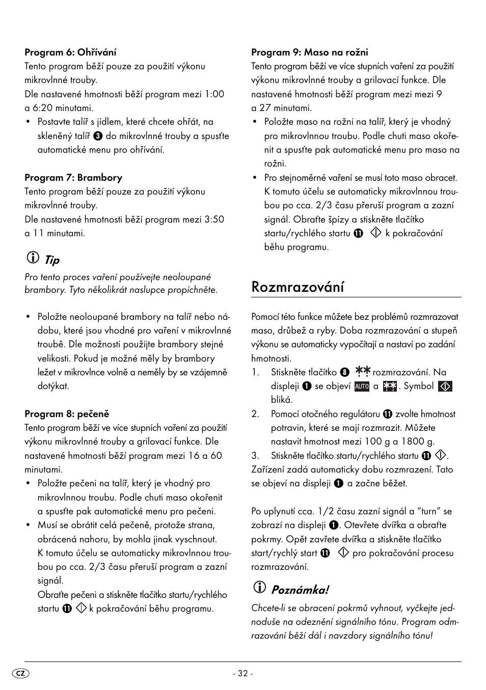 Rozmrazování, Poznámka | Silvercrest SMW 800 A2 User Manual | Page 34 / 70