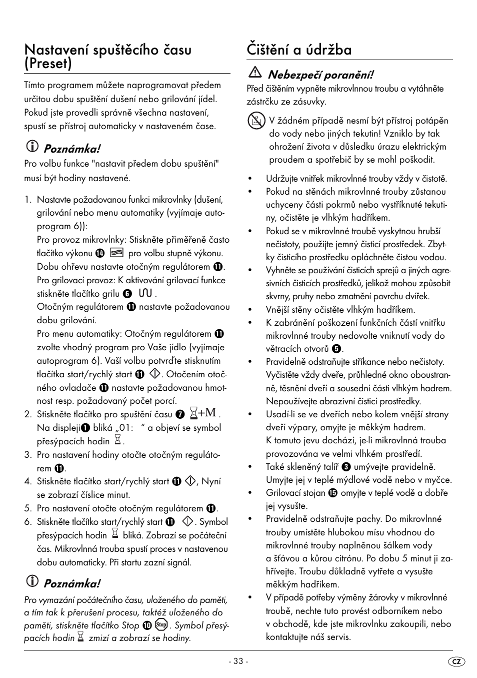 Nastavení spuštěcího času (preset), Čištění a údržba, Poznámka | Nebezpečí poranění | Silvercrest SMW 800 A2 User Manual | Page 35 / 70