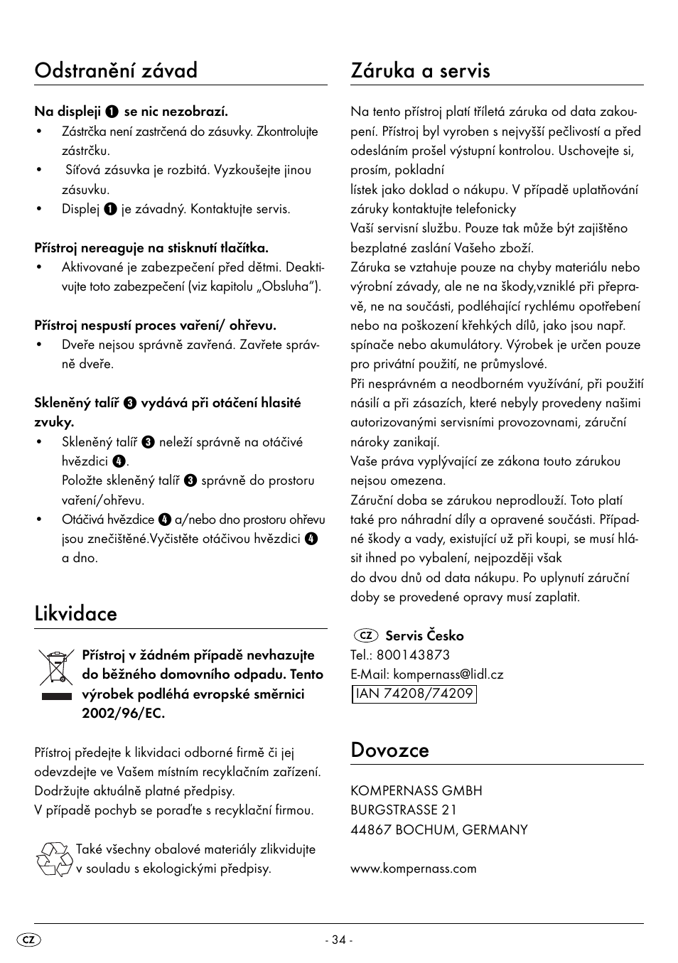 Odstranění závad, Likvidace, Záruka a servis | Dovozce | Silvercrest SMW 800 A2 User Manual | Page 36 / 70