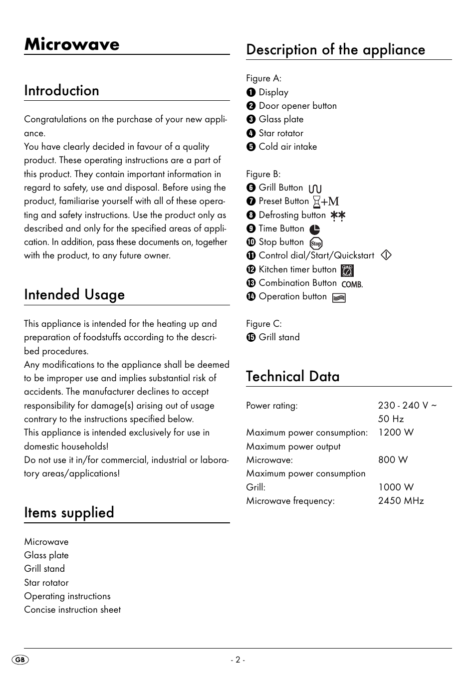 Microwave, Introduction, Intended usage | Items supplied, Description of the appliance, Technical data | Silvercrest SMW 800 A2 User Manual | Page 4 / 70